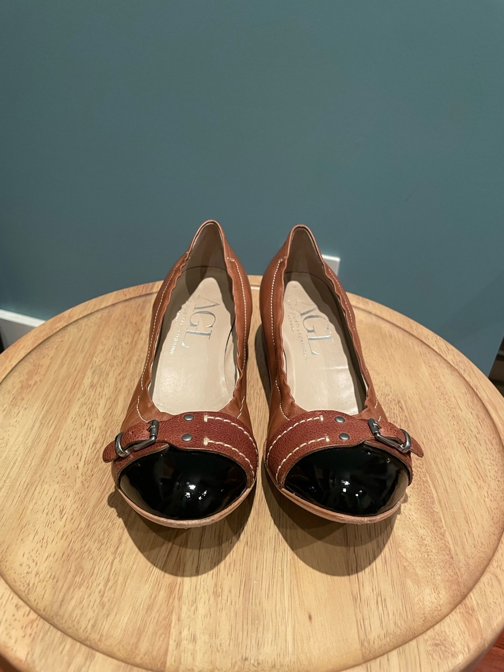 AGL Brown Leather Flats with Black Patent Cap Toe